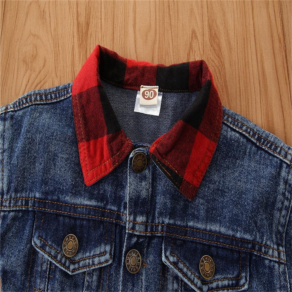 Girls Plaid Lapel Long Sleeve Ripped Denim Jacket Bulk Baby Girl Clothes - PrettyKid