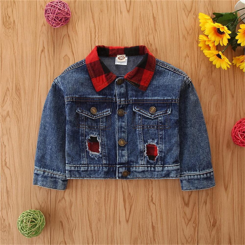 Girls Plaid Lapel Long Sleeve Ripped Denim Jacket Bulk Baby Girl Clothes - PrettyKid