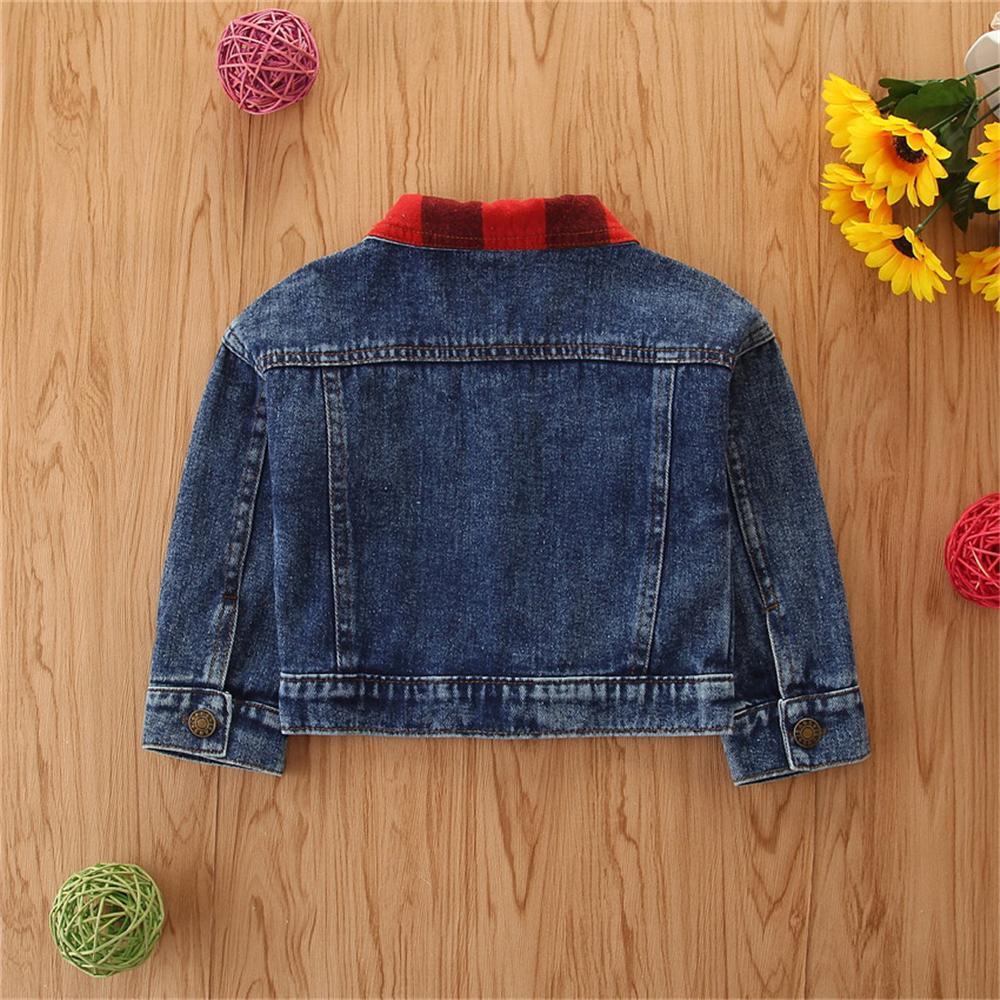 Girls Plaid Lapel Long Sleeve Ripped Denim Jacket Bulk Baby Girl Clothes - PrettyKid