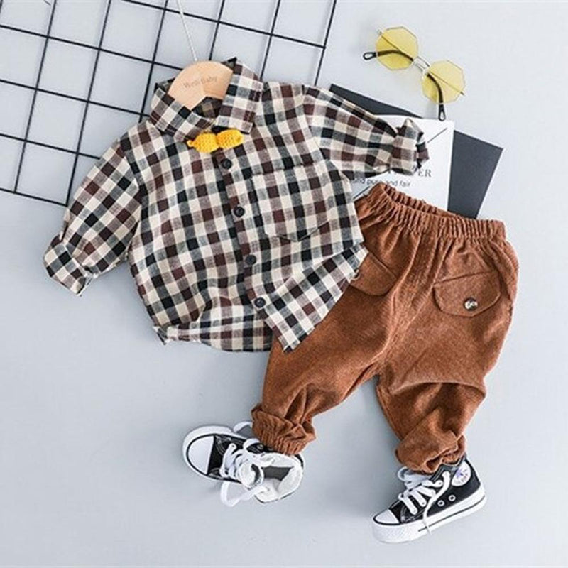 Boys Plaid Lapel Pocket Long Sleeve Shirt & Pants - PrettyKid