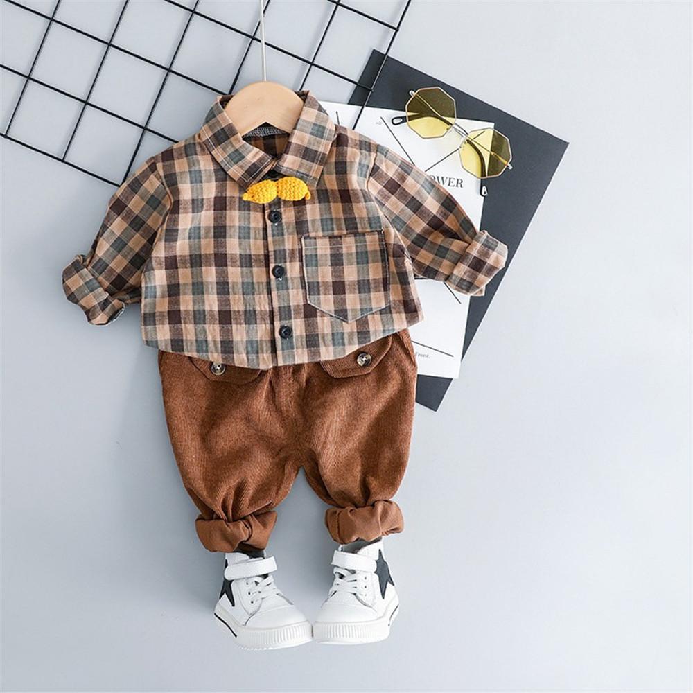 Boys Plaid Lapel Pocket Long Sleeve Shirt & Pants - PrettyKid