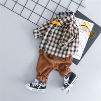 Boys Plaid Lapel Pocket Long Sleeve Shirt & Pants - PrettyKid