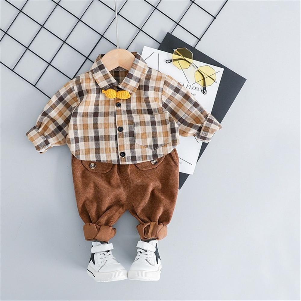 Boys Plaid Lapel Pocket Long Sleeve Shirt & Pants - PrettyKid