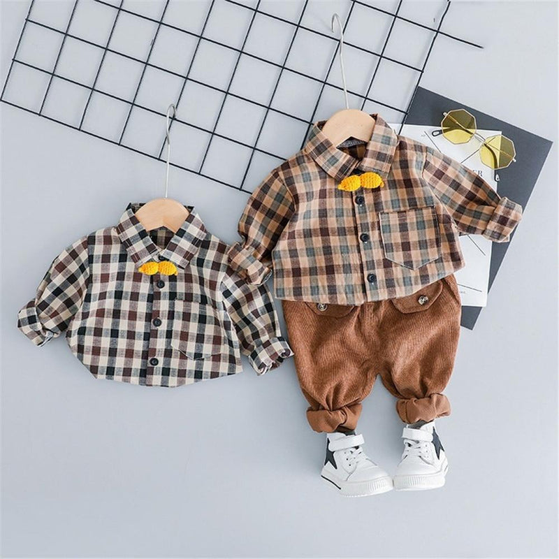 Boys Plaid Lapel Pocket Long Sleeve Shirt & Pants - PrettyKid