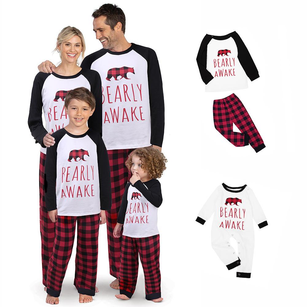 Parent-Child Plaid Letter Bear T-shirt & Pants Mommy And Me Wholesale Clothing - PrettyKid