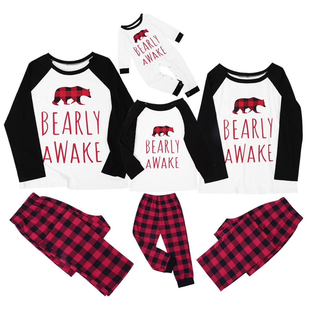 Parent-Child Plaid Letter Bear T-shirt & Pants Mommy And Me Wholesale Clothing - PrettyKid