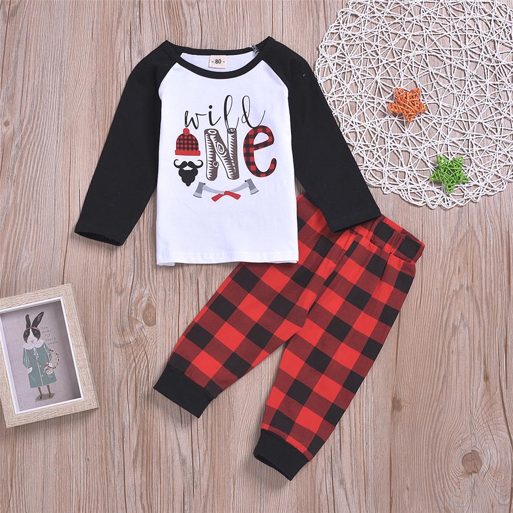Baby Boys Plaid Letter Printed Top & Pants Baby Clothes Wholesale Bulk - PrettyKid
