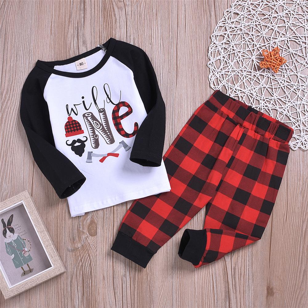 Baby Boys Plaid Letter Printed Top & Pants Baby Clothes Wholesale Bulk - PrettyKid