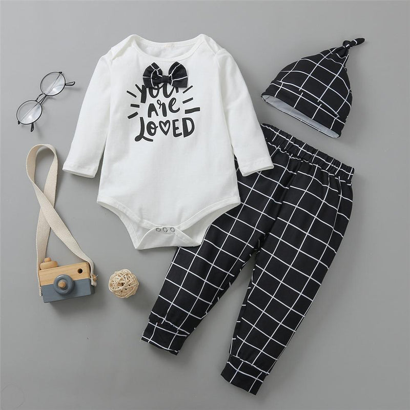 Baby Boys Plaid Lettter Romper & Pants & Hat Wholesale Baby Outfits - PrettyKid