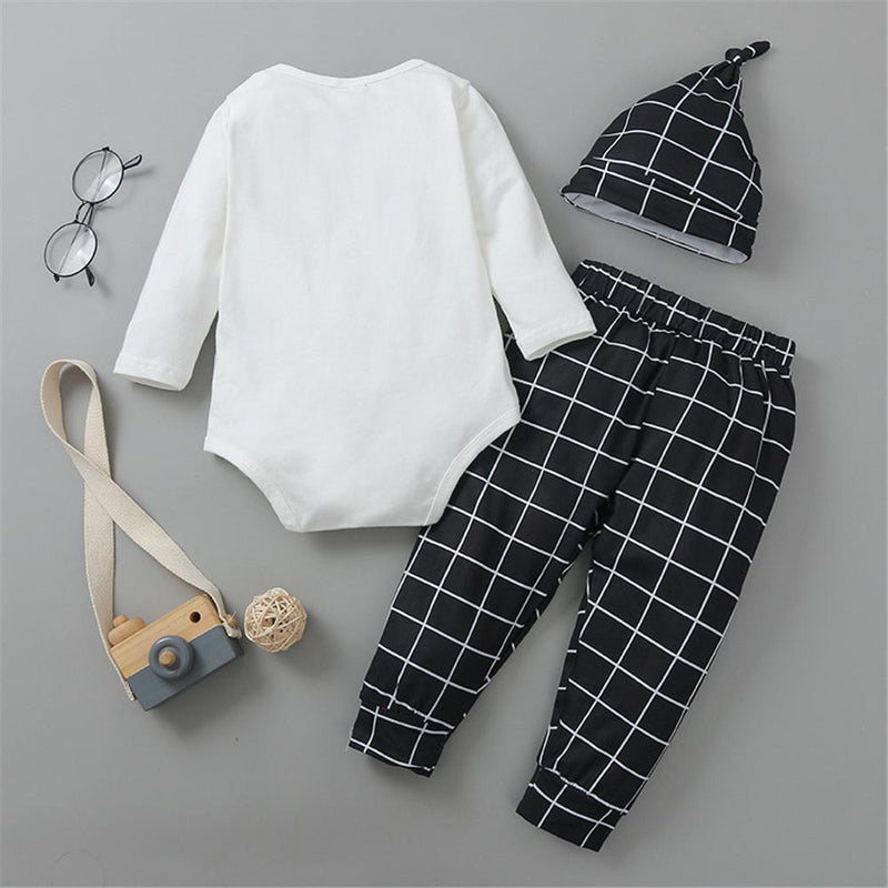 Baby Boys Plaid Lettter Romper & Pants & Hat Wholesale Baby Outfits - PrettyKid