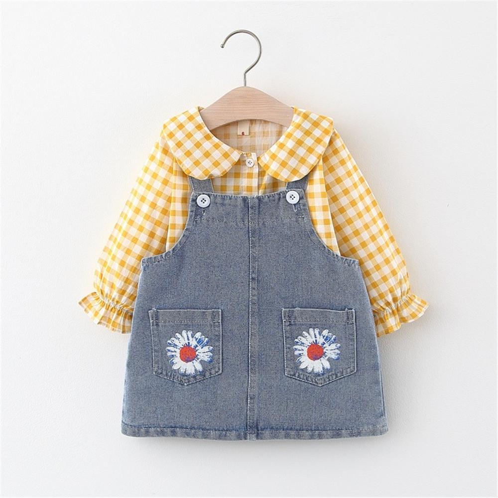 Girls Plaid Long Sleeve Blouse & Denim Skirt - PrettyKid