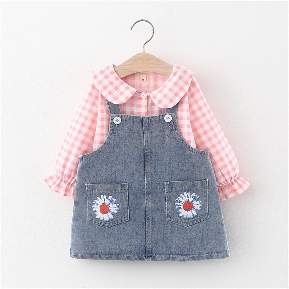 Girls Plaid Long Sleeve Blouse & Denim Skirt - PrettyKid