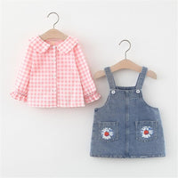 Girls Plaid Long Sleeve Blouse & Denim Skirt - PrettyKid