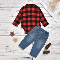 Baby Boys Plaid Long Sleeve Bow Romper & Patch Jeans Baby Outfits - PrettyKid