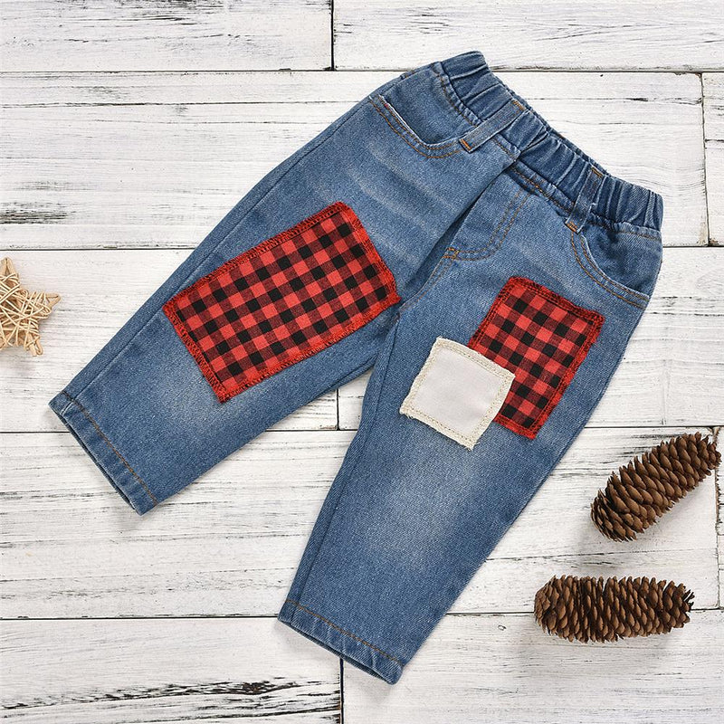 Baby Boys Plaid Long Sleeve Bow Romper & Patch Jeans Baby Outfits - PrettyKid