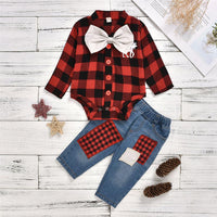 Baby Boys Plaid Long Sleeve Bow Romper & Patch Jeans Baby Outfits - PrettyKid