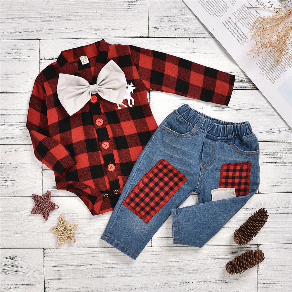 Baby Boys Plaid Long Sleeve Bow Romper & Patch Jeans Baby Outfits - PrettyKid