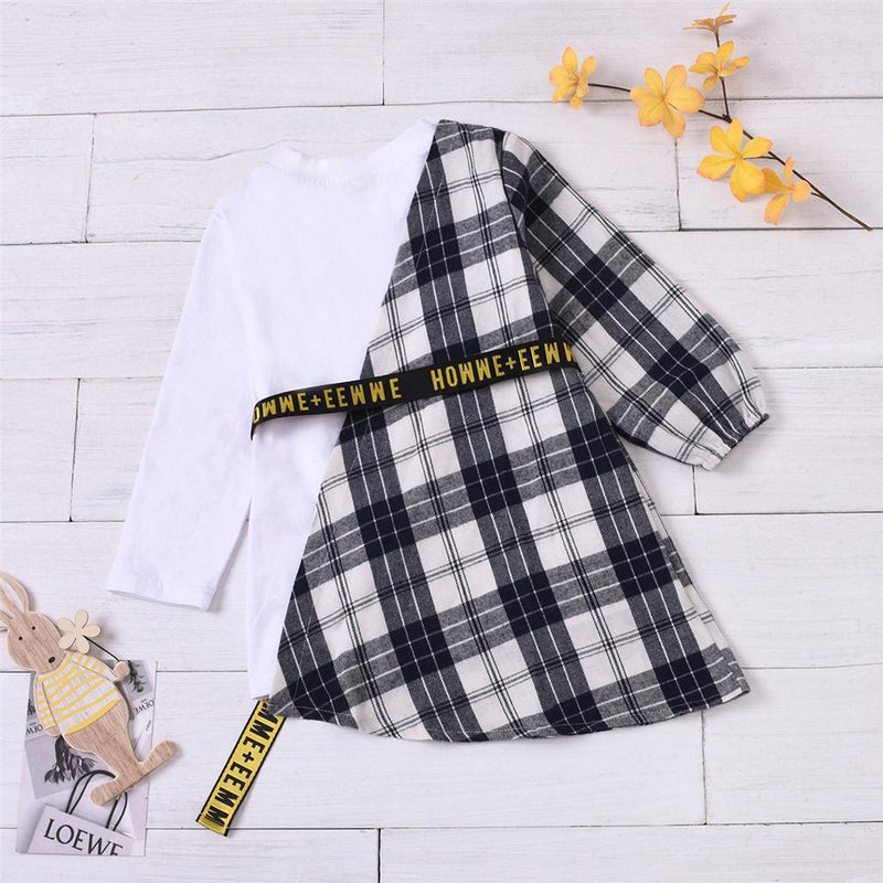 Girls Plaid Long Sleeve Casual Splicing Dress & Belt Girl Dress Wholesale - PrettyKid