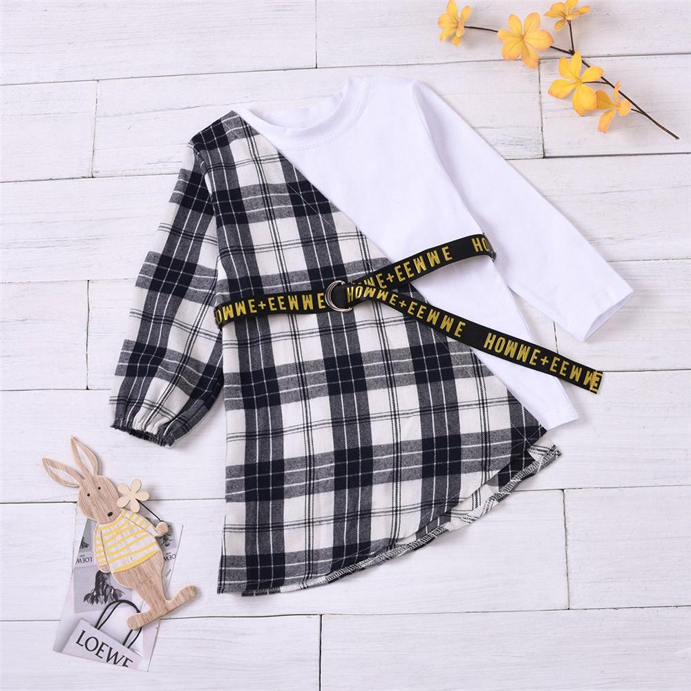 Girls Plaid Long Sleeve Casual Splicing Dress & Belt Girl Dress Wholesale - PrettyKid
