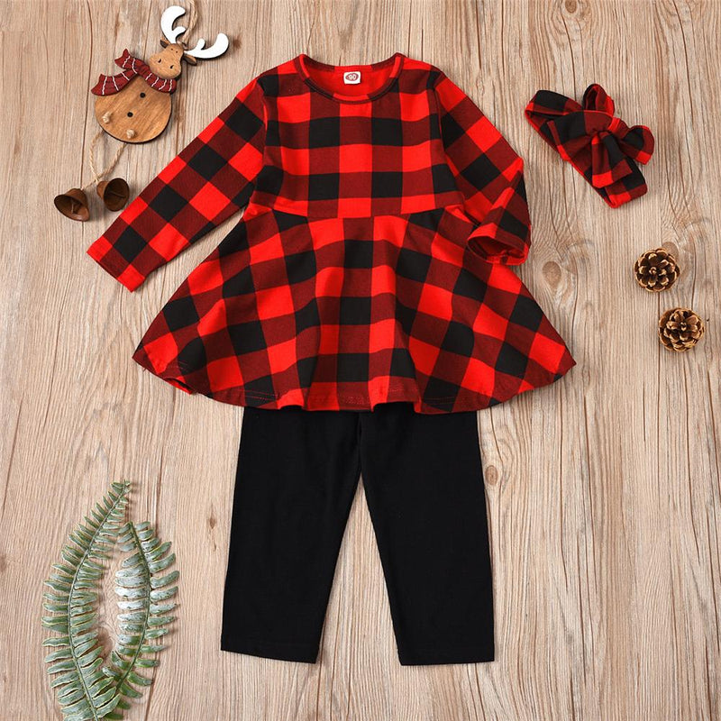 Girls Plaid Long Sleeve Crew Neck Top & Solid Pants & Headband Girl Boutique Clothing Wholesale - PrettyKid