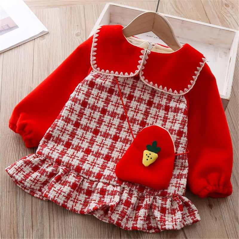 Girls Plaid Long Sleeve Princess Dress & Bag - PrettyKid