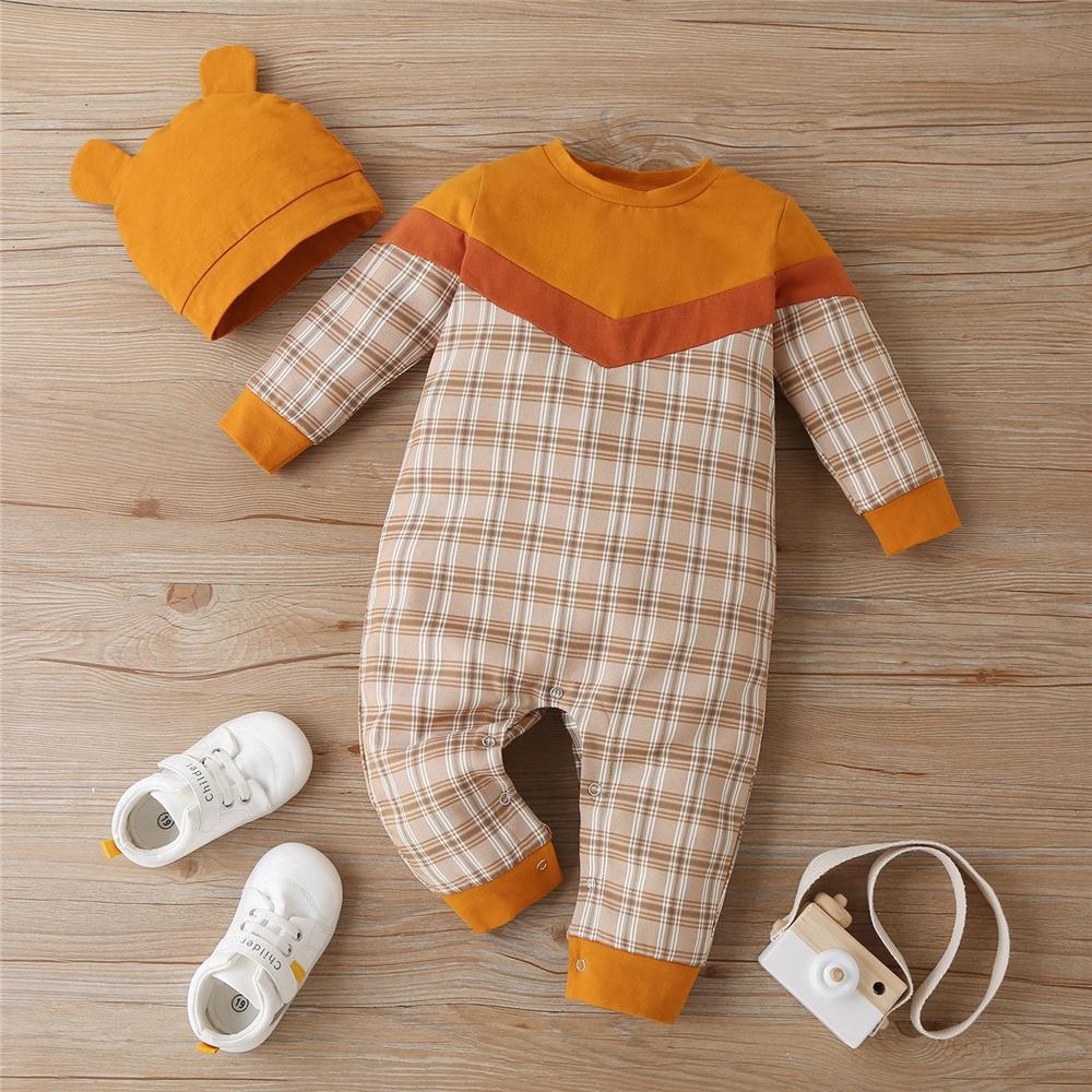 Baby Boys Plaid Long Sleeve Romper & Hat Baby Clothes Vendors - PrettyKid