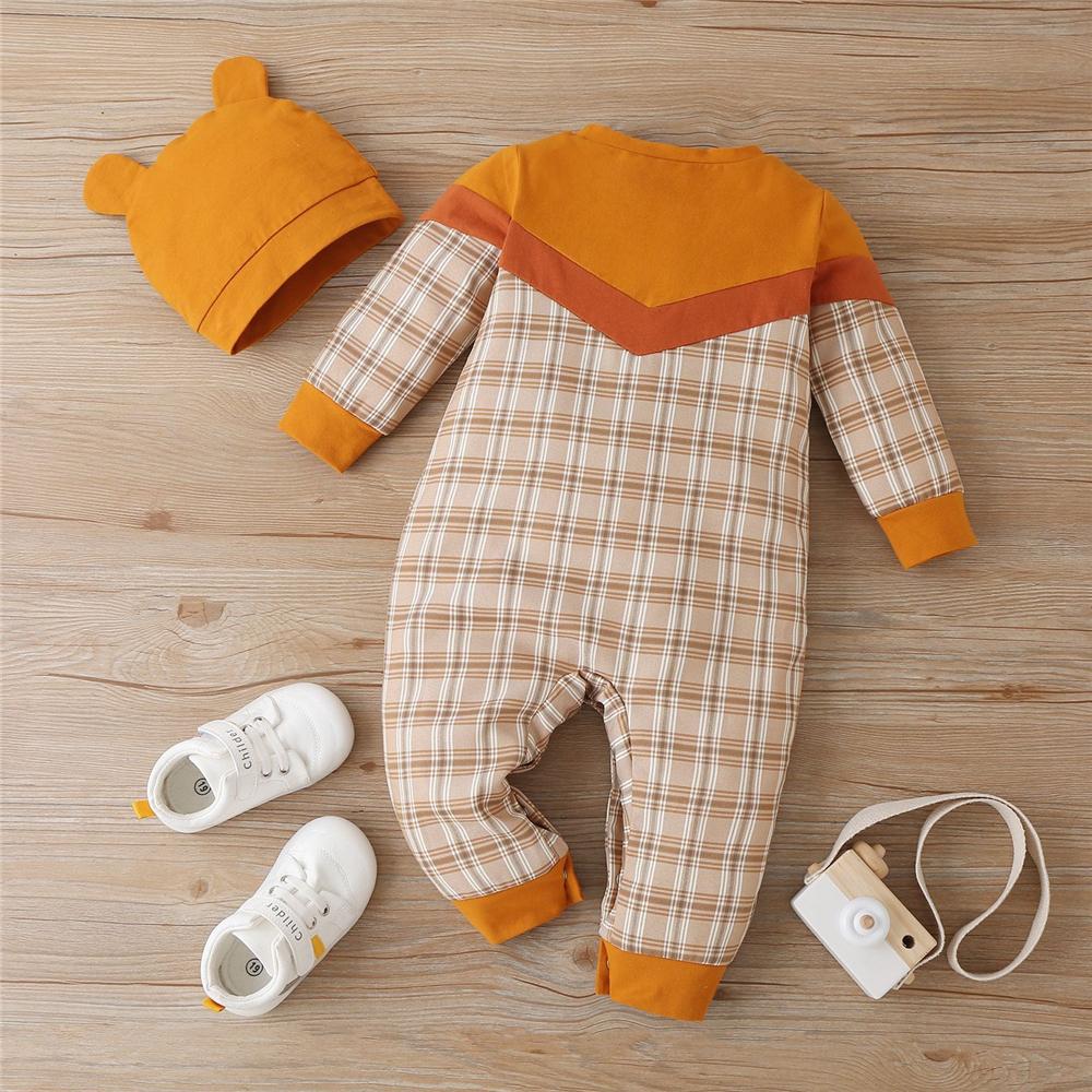 Baby Boys Plaid Long Sleeve Romper & Hat Baby Clothes Vendors - PrettyKid