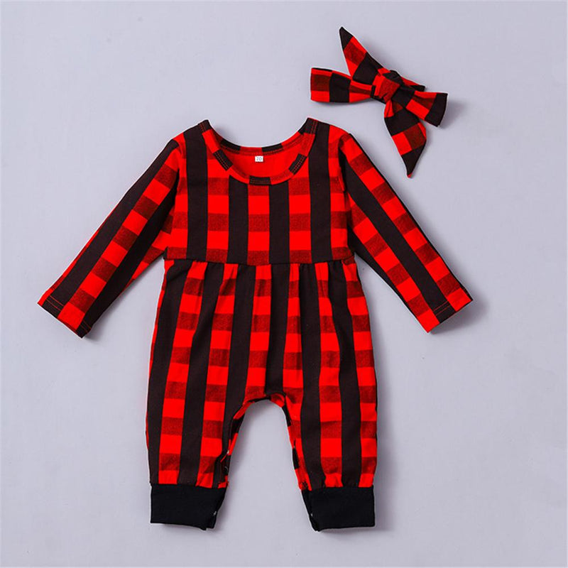 Baby Girls Plaid Long Sleeve Romper & Headband Babywear Wholesale - PrettyKid