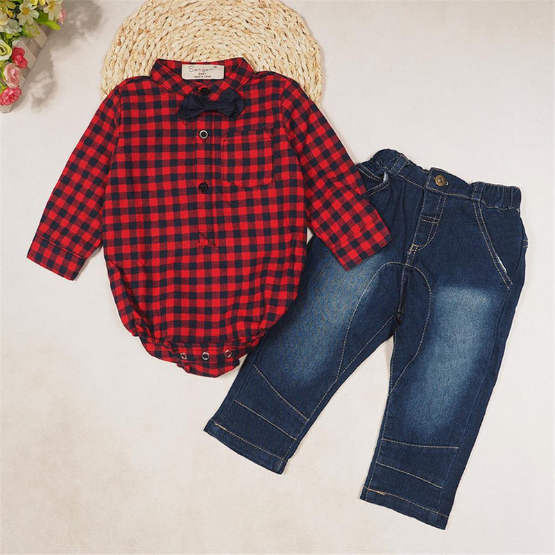 Baby Boys Plaid Long Sleeve Romper & Jeans Wholesale Baby Clothes - PrettyKid