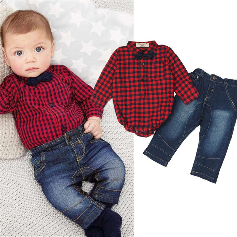 Baby Boys Plaid Long Sleeve Romper & Jeans Wholesale Baby Clothes - PrettyKid