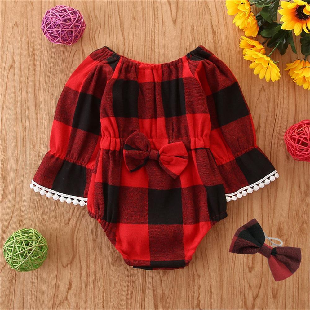 Baby Girls Plaid Bow Long Sleeve Rompers Babywear Wholesale - PrettyKid