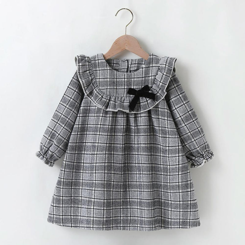 Girls Plaid Long Sleeve Ruffled Collar Bow Decor Dress Girls Wholesale Dresses - PrettyKid