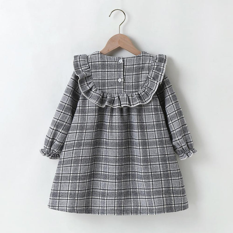 Girls Plaid Long Sleeve Ruffled Collar Bow Decor Dress Girls Wholesale Dresses - PrettyKid