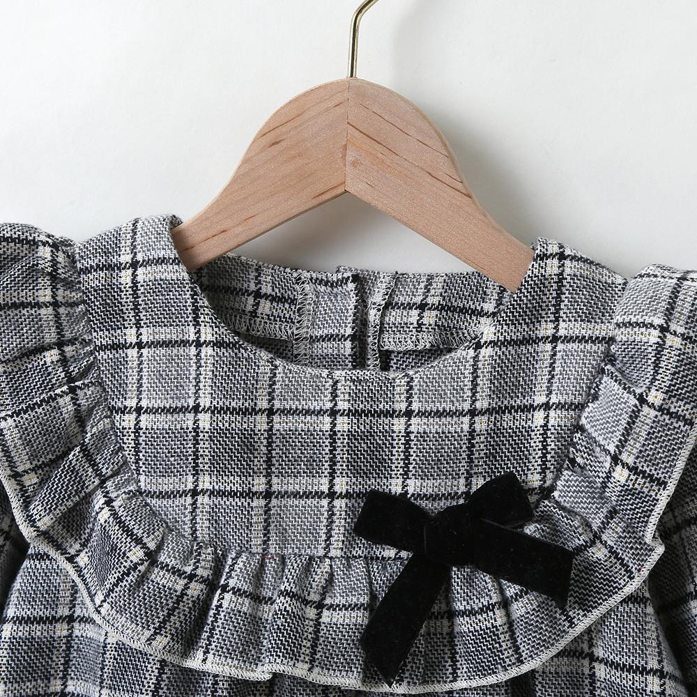 Girls Plaid Long Sleeve Ruffled Collar Bow Decor Dress Girls Wholesale Dresses - PrettyKid