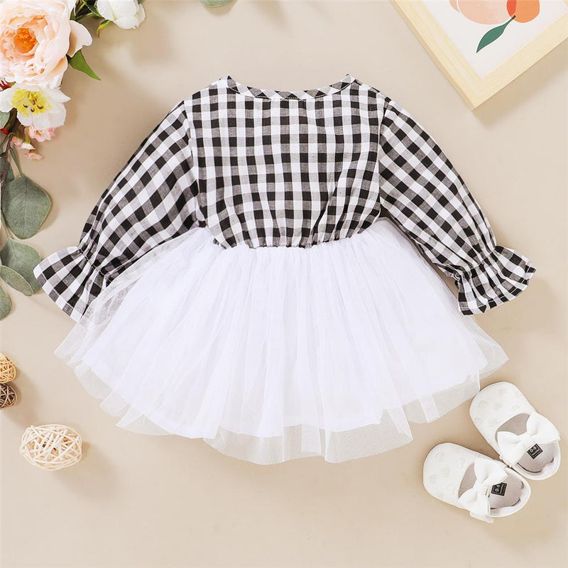 Baby Girl Plaid Long Sleeve Splicing Tulle Dress Baby Boutique Wholesale - PrettyKid