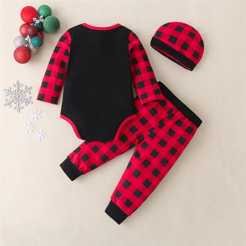 Baby Unisex Plaid Pattern Elk Romper & Pants & Hat Buy Baby Clothes Wholesale - PrettyKid