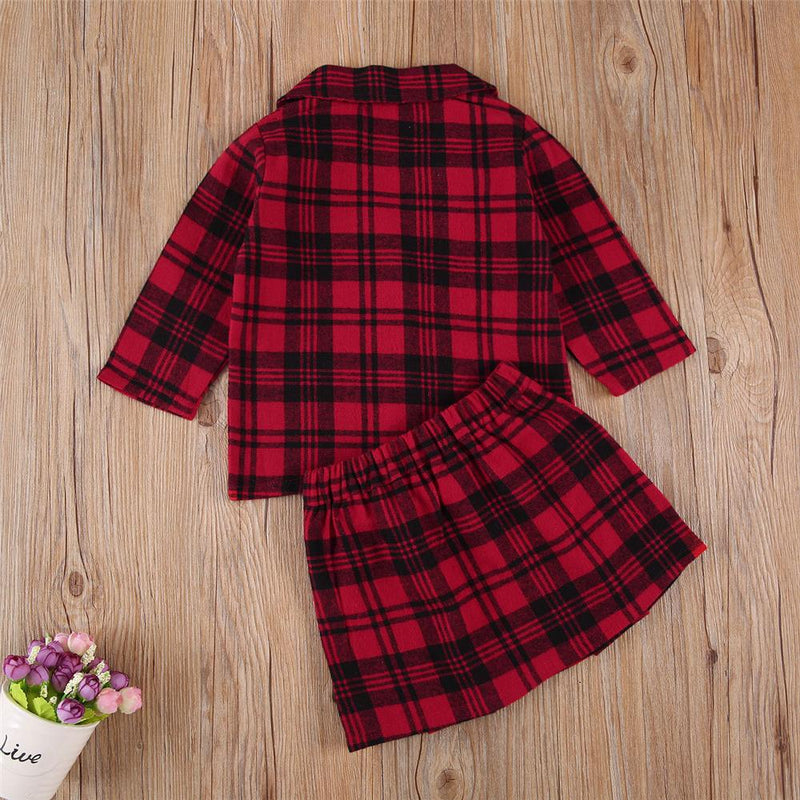 Girls Plaid Pocket Long Sleeve Coat & Skirt Girls Clothes Wholesale - PrettyKid