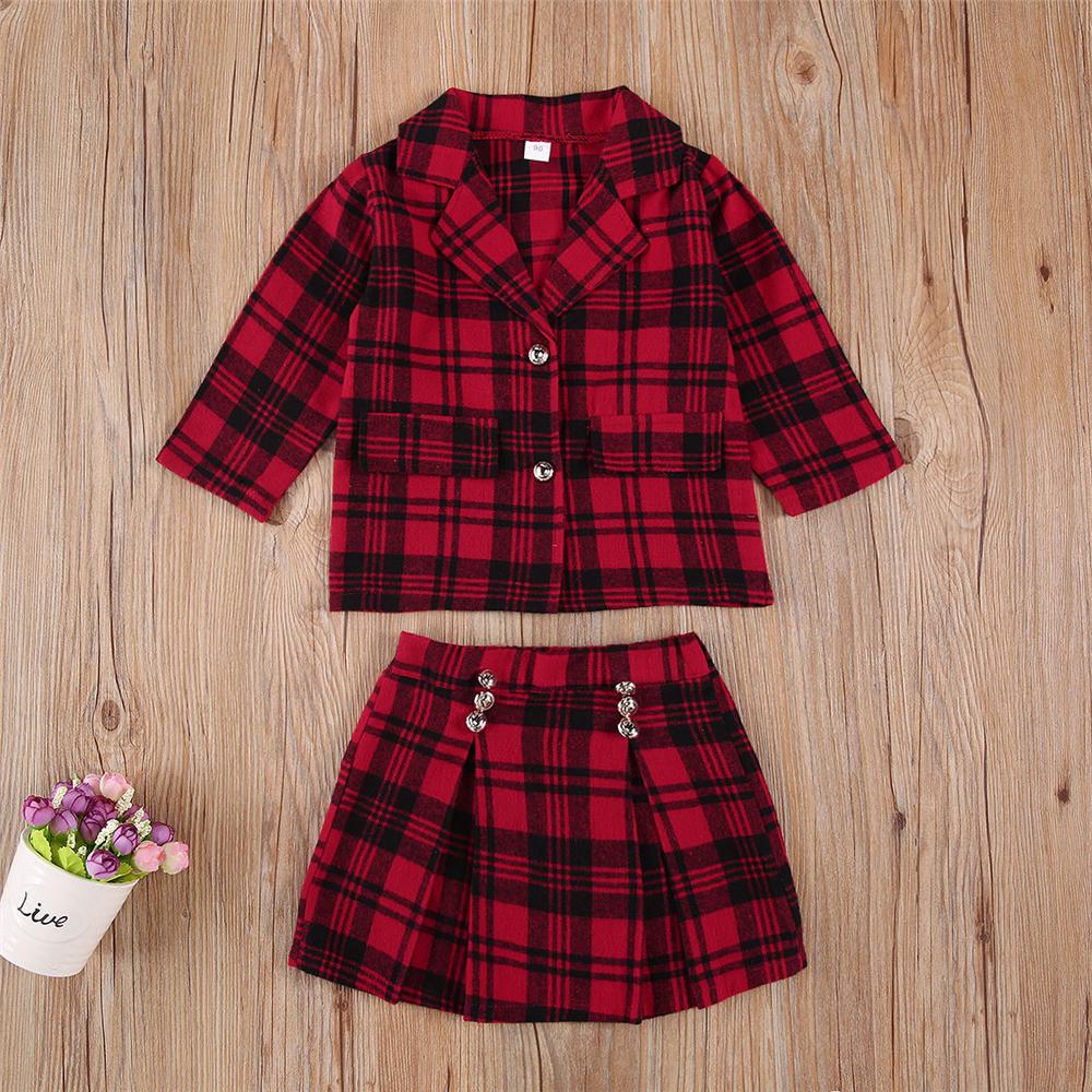 Girls Plaid Pocket Long Sleeve Coat & Skirt Girls Clothes Wholesale - PrettyKid