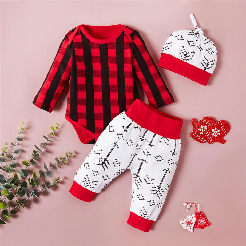 Baby Boys Plaid Printed Romper & Pants & Hat Wholesale Baby Outfits - PrettyKid