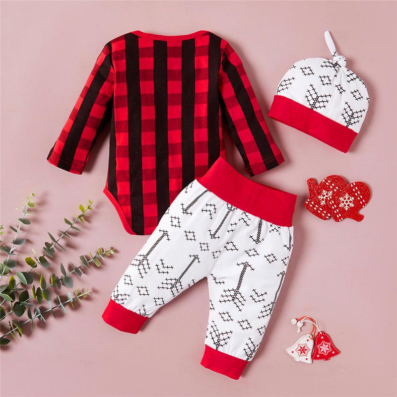 Baby Boys Plaid Printed Romper & Pants & Hat Wholesale Baby Outfits - PrettyKid
