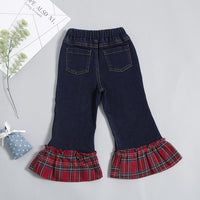 Girls Plaid Ruffle Pocket Flare Jeans - PrettyKid