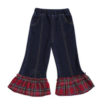 Girls Plaid Ruffle Pocket Flare Jeans - PrettyKid