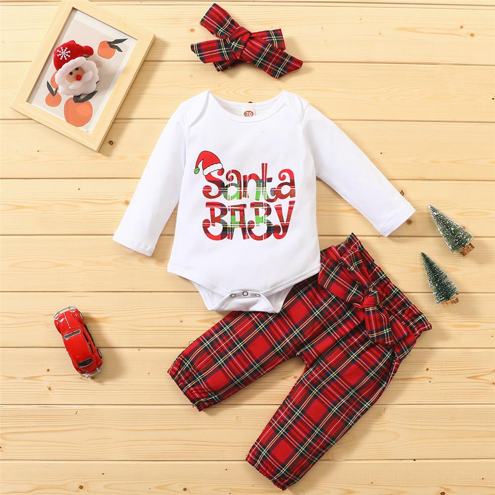 Baby Girls Plaid Santa Baby Romper & Pants & Headband Baby Outfits - PrettyKid