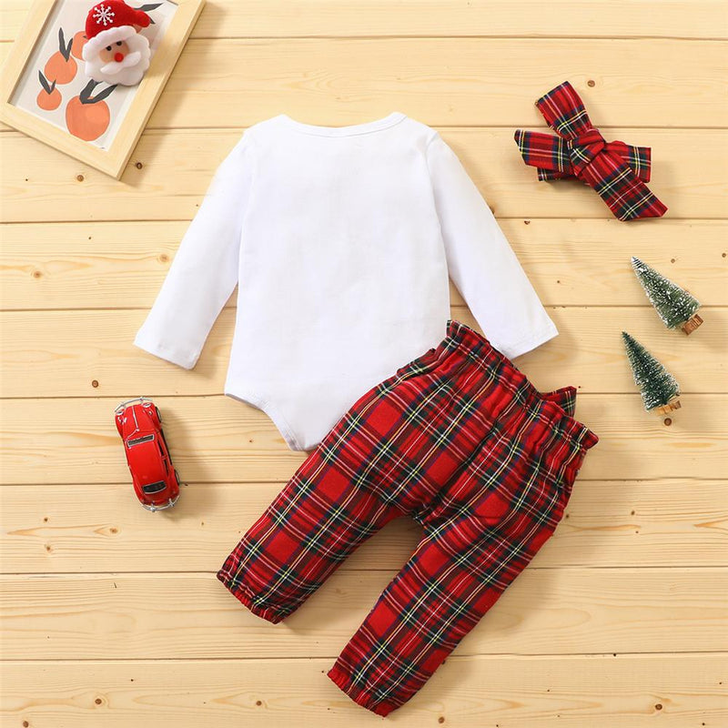 Baby Girls Plaid Santa Baby Romper & Pants & Headband Baby Outfits - PrettyKid