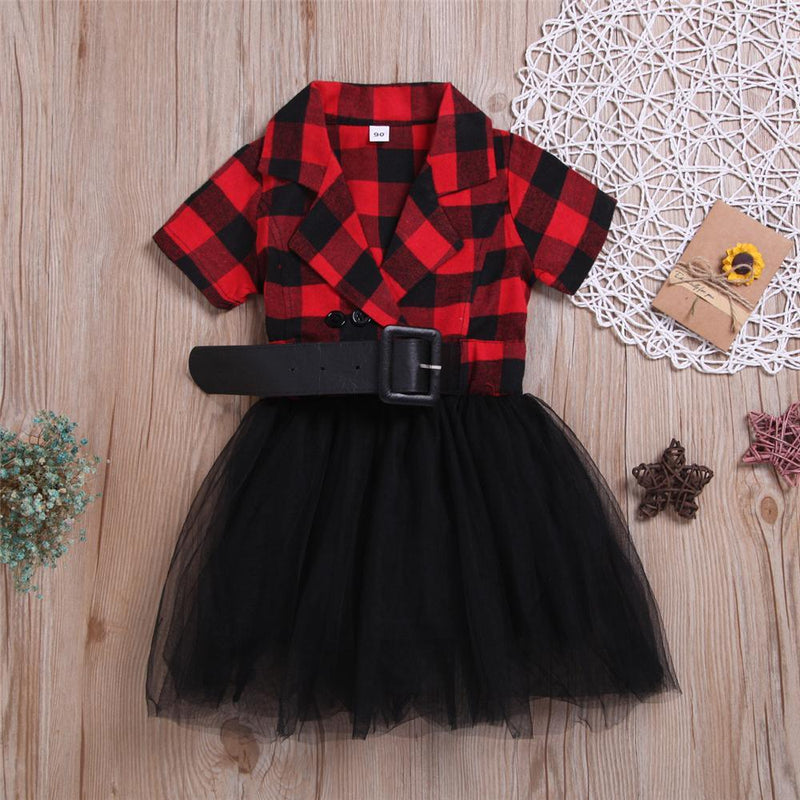 Girls Plaid Short Sleeve Lapel Tulle Dress Bulk Kids Clothing - PrettyKid