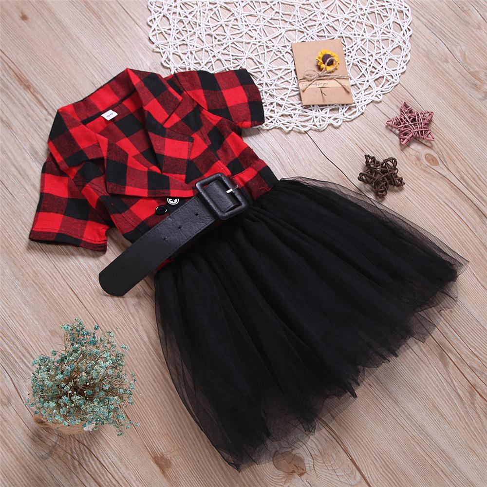 Girls Plaid Short Sleeve Lapel Tulle Dress Bulk Kids Clothing - PrettyKid