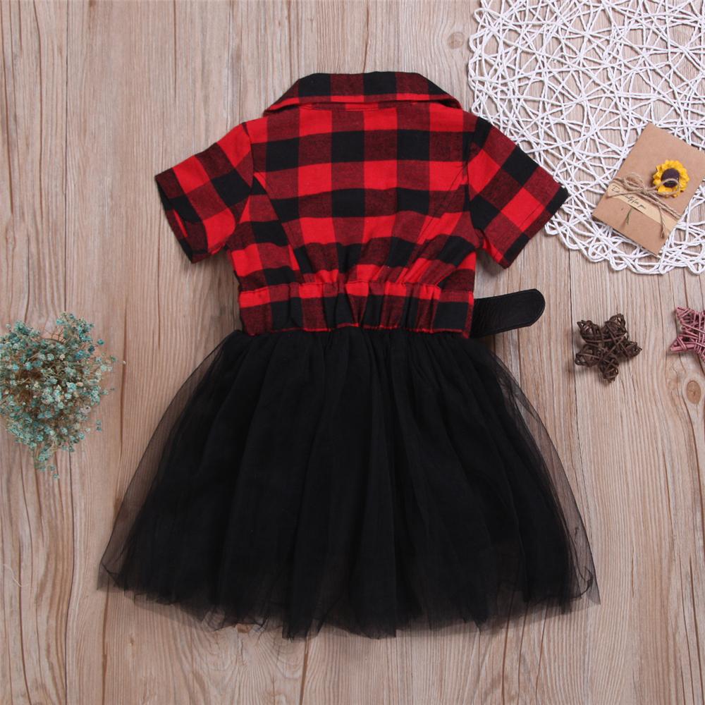 Girls Plaid Short Sleeve Lapel Tulle Dress Bulk Kids Clothing - PrettyKid