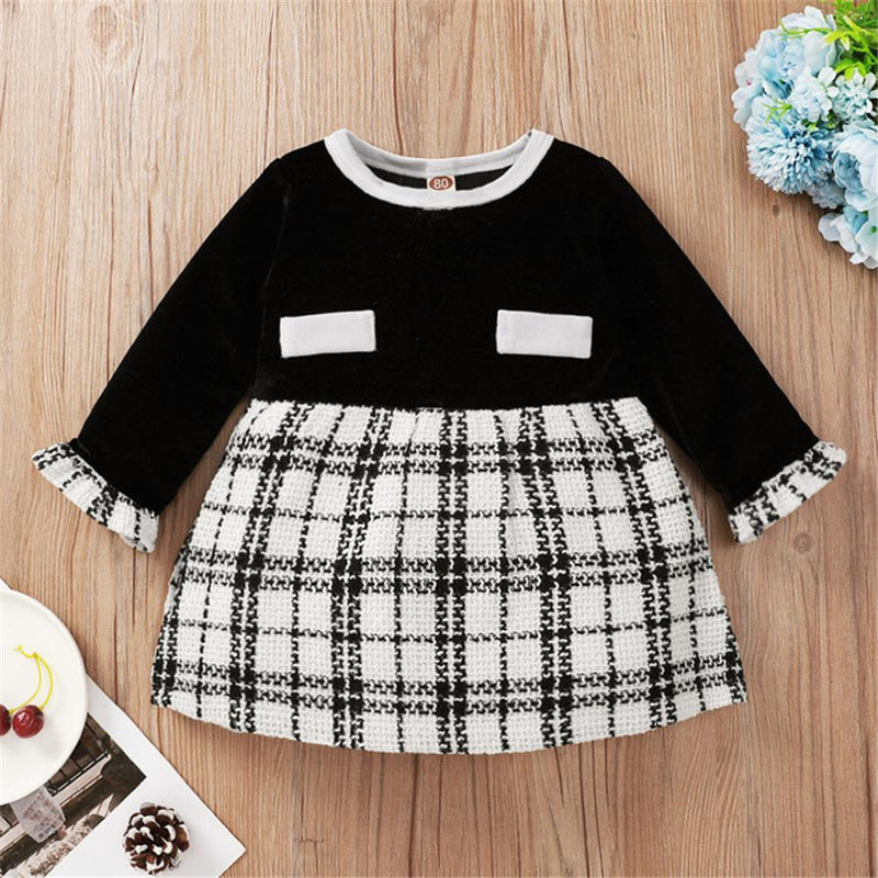 Baby Girls Plaid Splicing Long Sleeve Dress Baby Clothes Wholesale Suppliers - PrettyKid