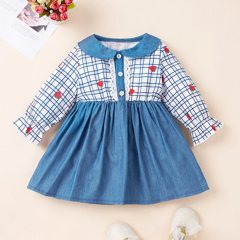 Baby Girls Plaid Strawberry Long Sleeve Lace Sweet Dress Buy Baby Clothes In Bulk - PrettyKid