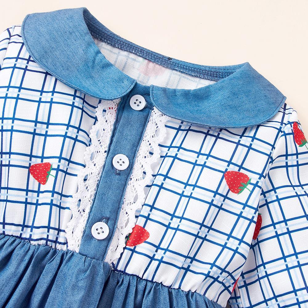 Baby Girls Plaid Strawberry Long Sleeve Lace Sweet Dress Buy Baby Clothes In Bulk - PrettyKid